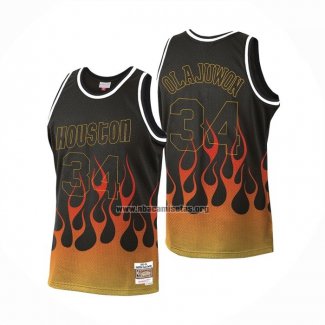 Camiseta Houston Rockets Hakeem Olajuwon Flames Negro