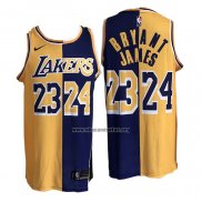 Camiseta Los Angeles Lakers Kobe Bryant LeBron James NO 24 23 Split Amarillo Violeta