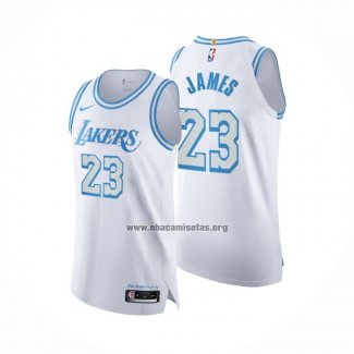 Camiseta Los Angeles Lakers LeBron James NO 23 Ciudad Autentico 2020-21 Blanco