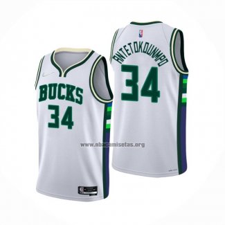Camiseta Milwaukee Bucks Giannis Antetokounmpo NO 34 Ciudad 2021-22 Blanco
